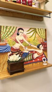 Traditional Thai painting depicting a Thai massage scene on the wall at Arokaya Wellness Spa Thai massage St Kilda